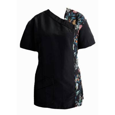Groomer-Shirt mit kurzen Ärmeln, seitlicher Reißverschluss, schwarz / Blumen