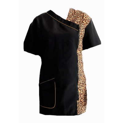 Groomer-Shirt mit kurzen Ärmeln, seitlicher Reißverschluss, schwarz / leopard