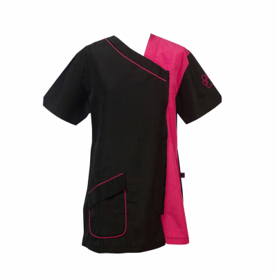 Groomer-Shirt mit kurzen Ärmeln, seitlicher Reißverschluss, schwarz / fuchsia